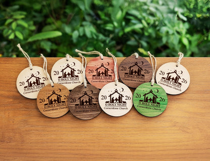 Custom nativity scene ornament with family name and year