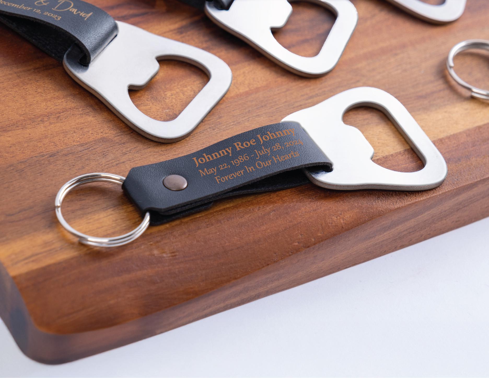 Custom engraved leather keychain bottle opener with initials and wedding date