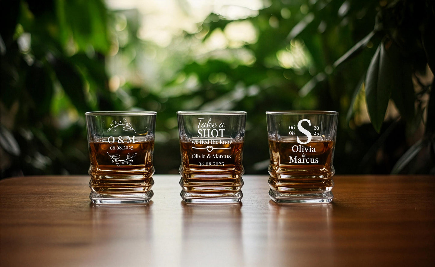 Custom engraved wedding shot glass with couple names and date