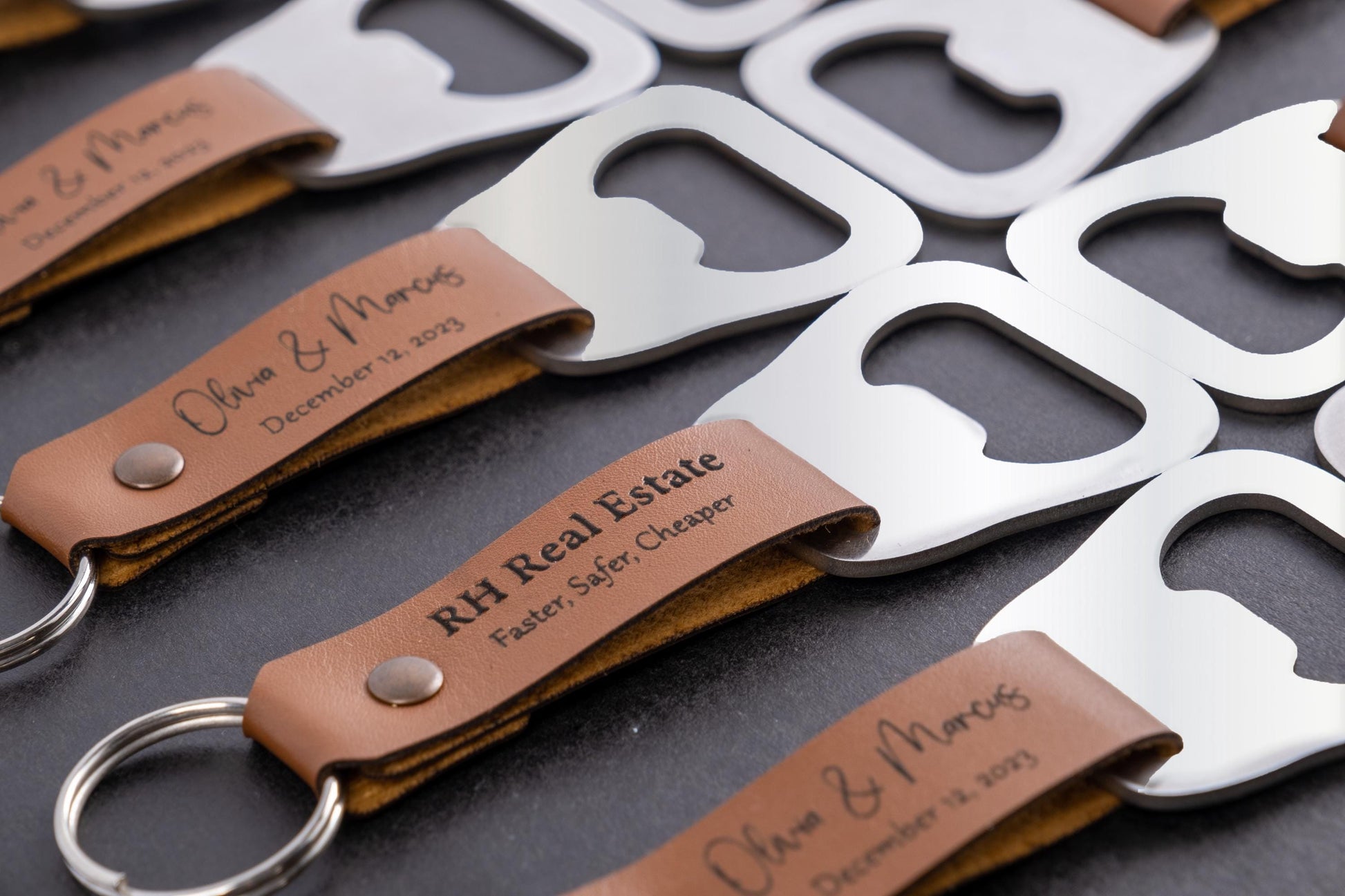 Personalized leather keychain close-up engraving detail