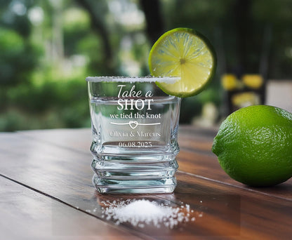 Custom engraved 2oz shot glass close-up etching detail