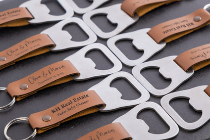 Engraved leather keychain bottle opener with monogram – set of bulk favors