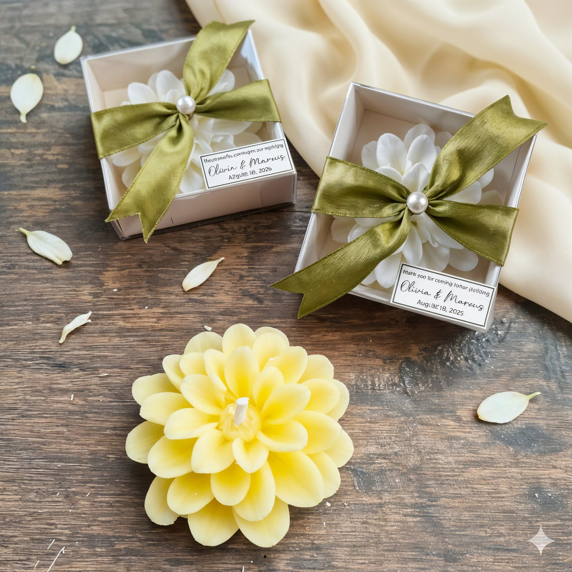 Personalized lotus candle close-up – custom engraved label wedding favor