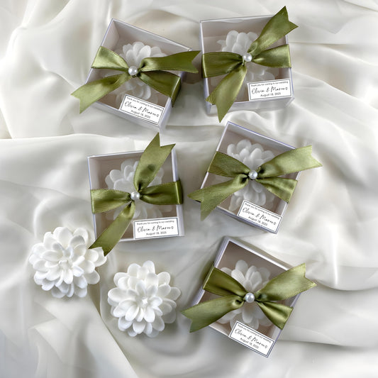 Personalized lotus candle wedding favor – custom label with names and date