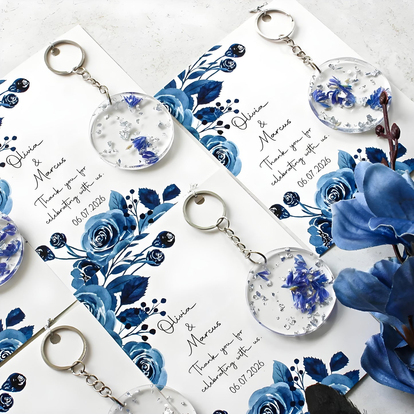 Epoxy Flower Keychain Favor | Blue Dried Flowers & Silver Leaf