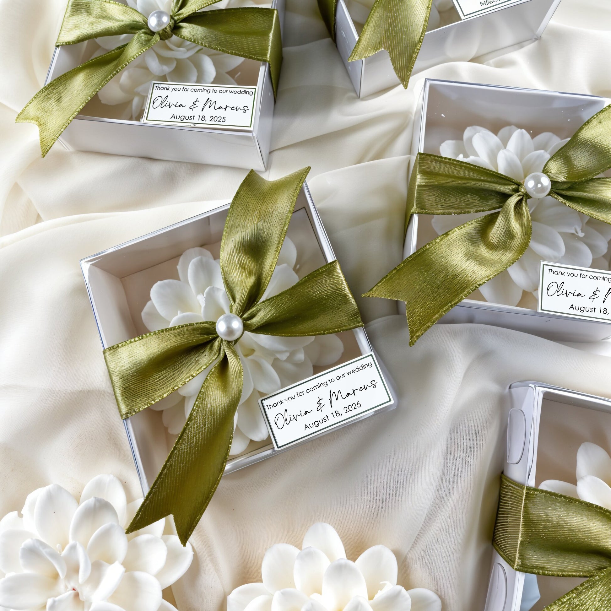 Custom lotus candle bulk wedding favors – personalized ribbon and label
