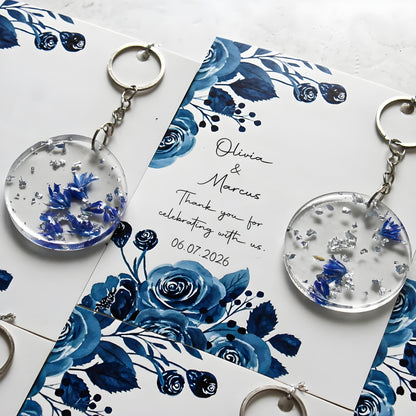 Epoxy Flower Keychain Favor | Blue Dried Flowers & Silver Leaf