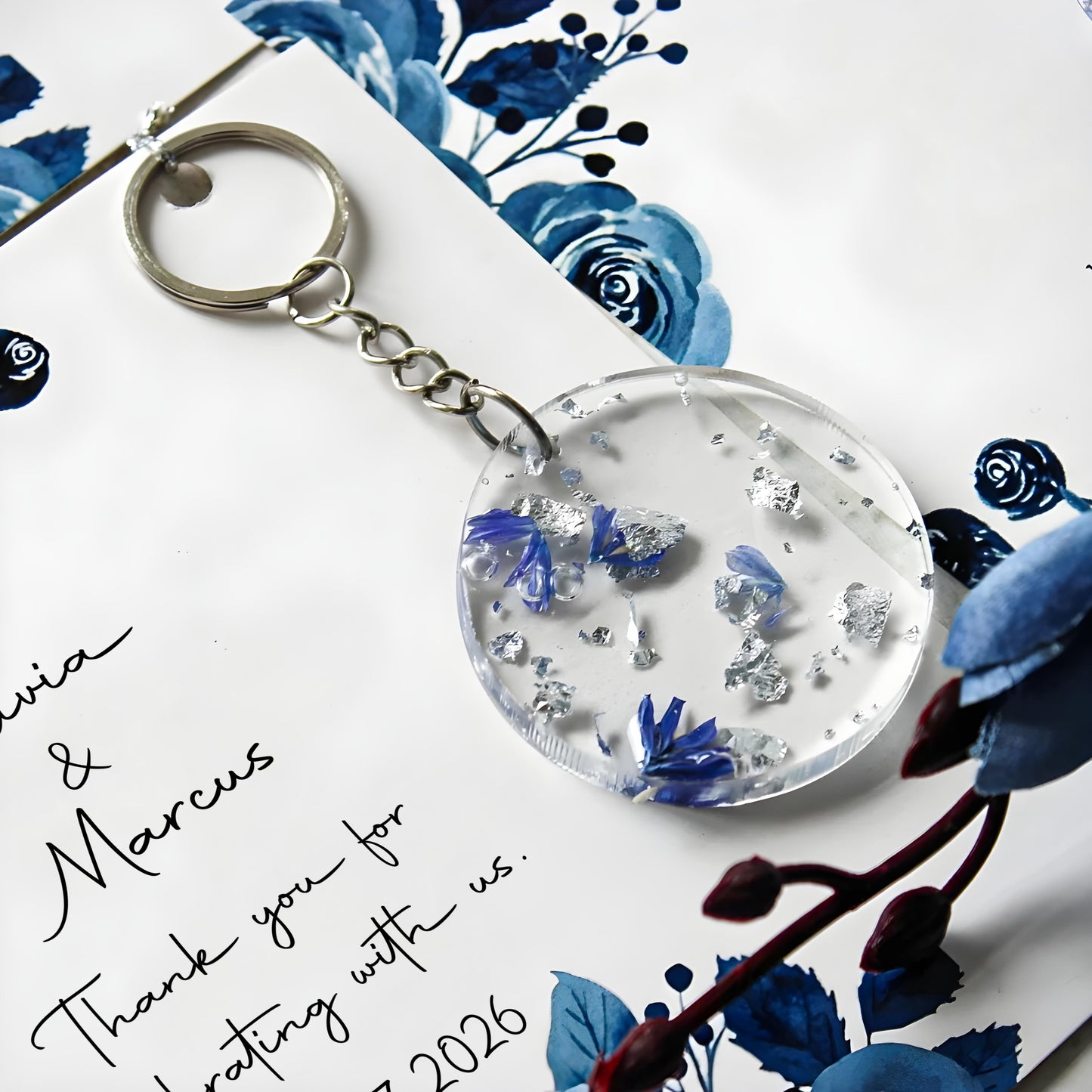 Epoxy Flower Keychain Favor | Blue Dried Flowers & Silver Leaf