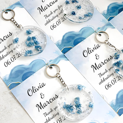 Epoxy Flower Keychain Favor | Blue Dried Flowers & Silver Leaf