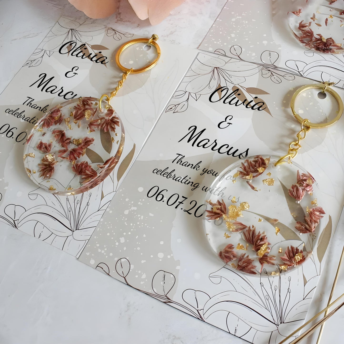 Epoxy Flower Keychain Favor | Blue Dried Flowers & Silver Leaf